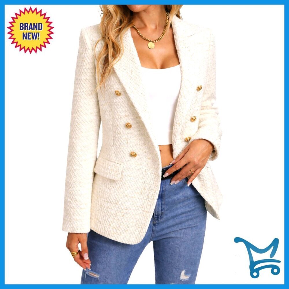 Tweed Plaid Blazer Jacket Elegant Business Casual Fully Lined Pockets